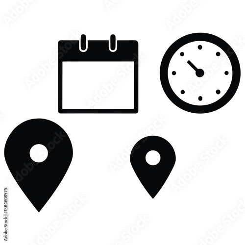 Calendar clock and location pin icons representing time and place