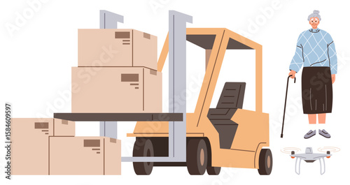 Forklift loaded with cardboard boxes, elderly woman using cane standing beside drone. Ideal for logistics, delivery, aging population, automation, technology, manufacturing mobility. Simple flat
