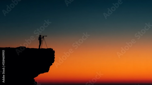 Silhouette of a lone explorer standing on a cliff edge using a telescope to observe the vast horizon during a vibrant sunset