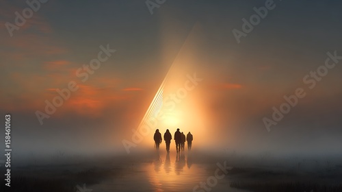Silhouetted group of people walking towards a bright geometric light in a misty landscape at sunrise
