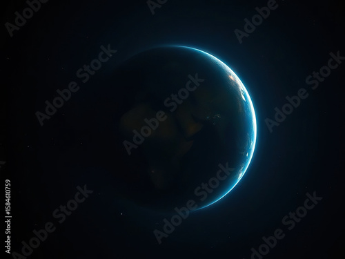 Glowing view of Earth from space, showcasing crescent of light on planet edge against dark background