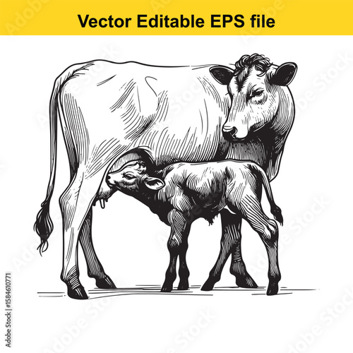 A black and white illustration of a cow nursing its calf, symbolising maternal care and farm life.