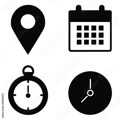 Location calendar stopwatch and clock icons representing planning and time management