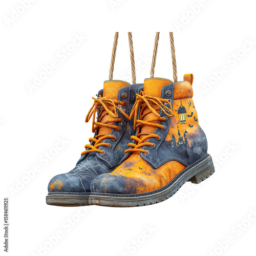 Pair of Halloween-Themed Boots Hanging on Twine