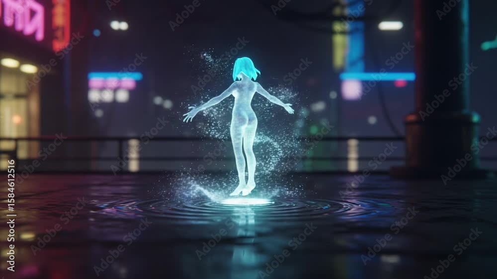 Ethereal figure glowing in urban neon night scene Ethereal figure glowing in urban neon night scene