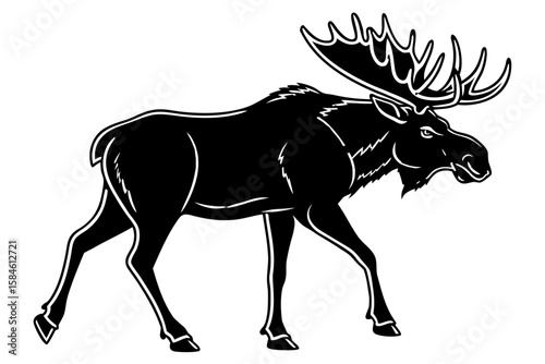 Black and white illustration of a moose walking