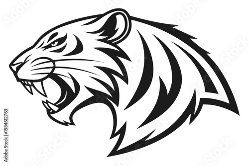 Black and white illustration of a roaring tiger head