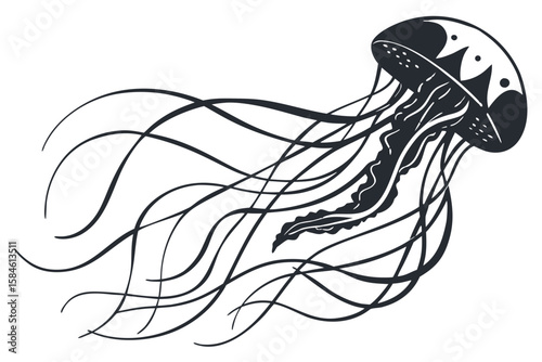 A jellyfish drifts in the water with long, flowing tentacles