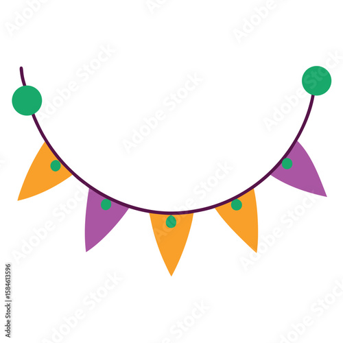 Colorful Pennant Banner Featuring Orange and Purple Flags with Green Decorative Circles