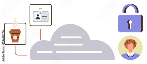 Grey cloud with a coffee cup, identification card, lock symbol, and avatar connected digitally. Ideal for data security, user privacy, networking, identity verification, cloud storage digital