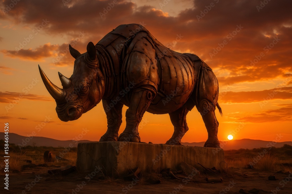 Fototapeta premium Imposing metal rhino sculpture standing during sunset in african savanna