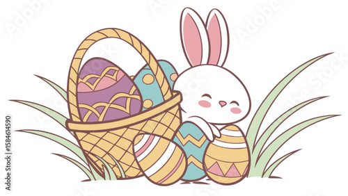 Cute easter bunny with easter eggs basket for easter holiday celebration and spring season greeting card design