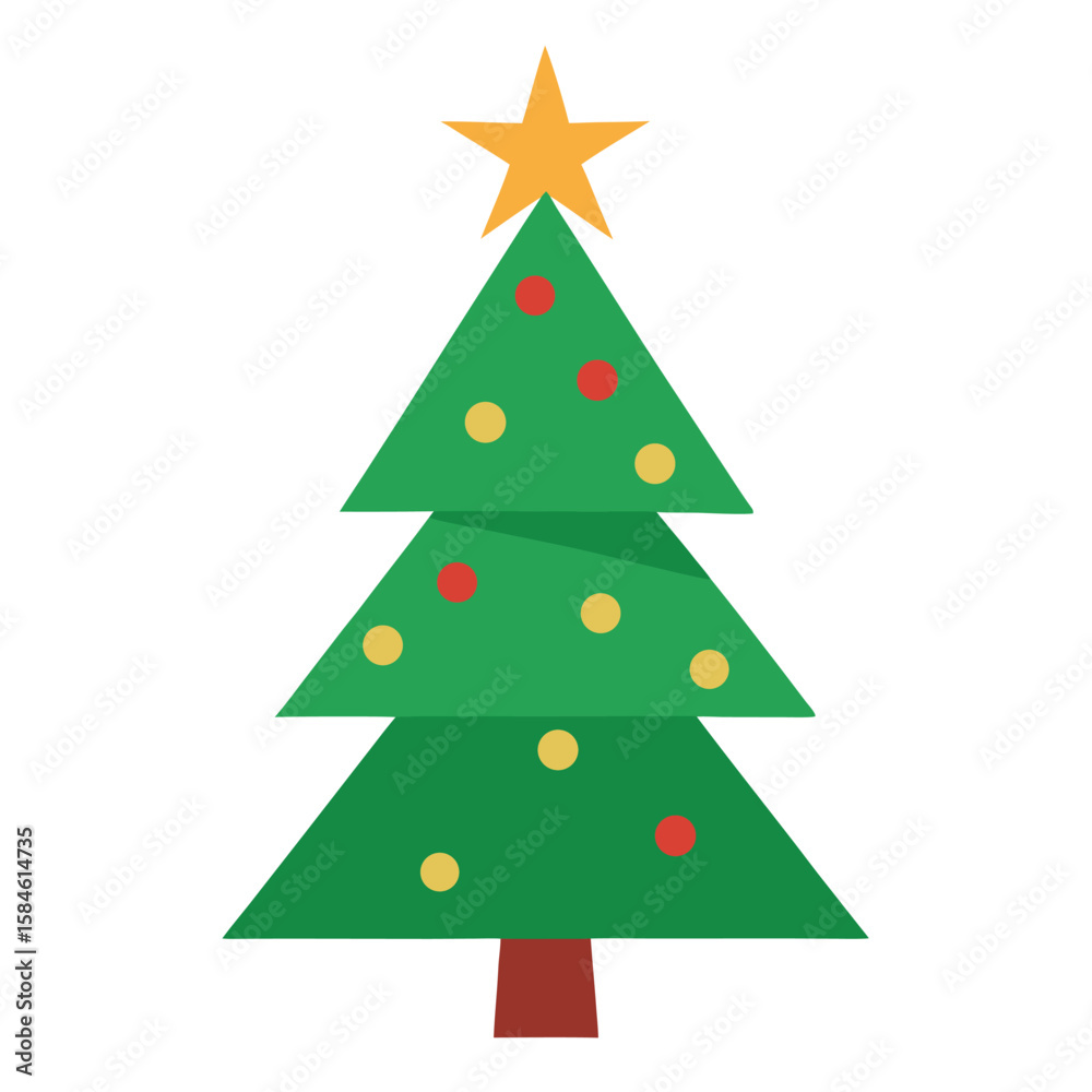 Simple Christmas Tree Illustration Topped with a Star and Decorated with Ornaments