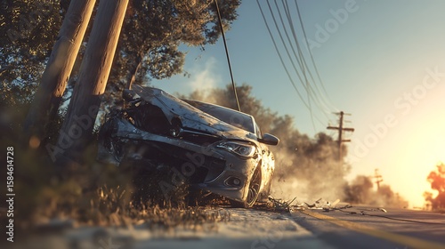 Damaged car crashed into wooden utility poles on the side of a road with smoke and debris during sunset