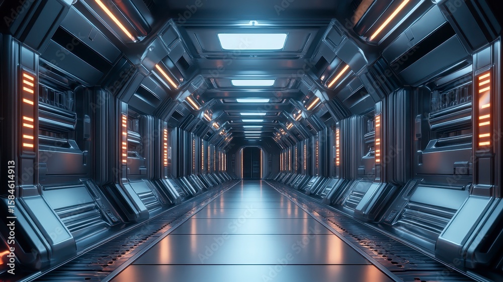 Fototapeta premium Futuristic Metallic Corridor with Glowing Lights and Sci-Fi Atmosphere