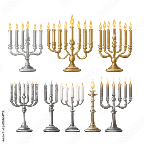 Set of traditional golden and silver menorah with candles collection isolated on transparent background.