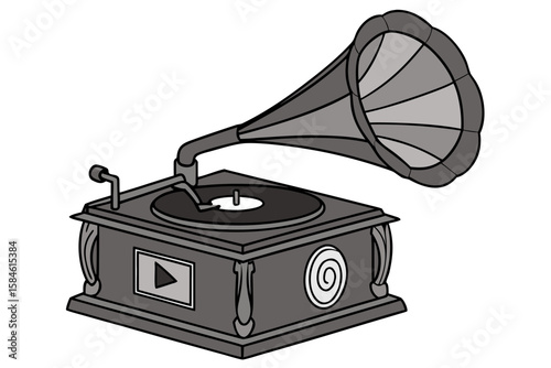 An antique gramophone with a horn and record