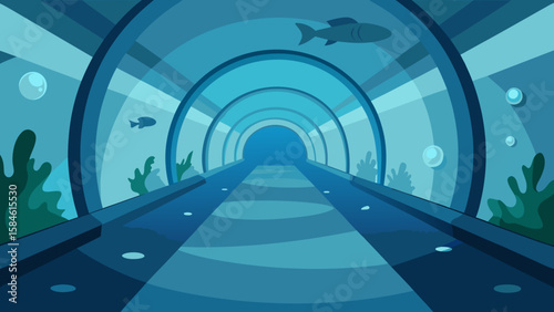 Cartoon Aquarium Tunnel with Sea Life Silhouettes