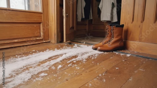 Winter boots and cozy clothing by rustic wooden door with snow on floor