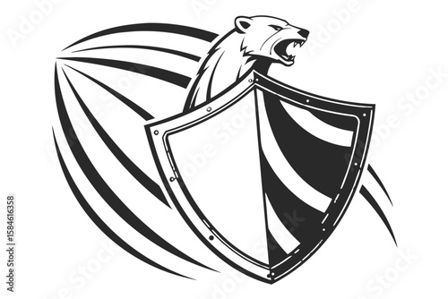 Fierce bear head emerging from a shield with speed lines