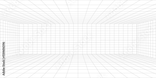 Room projection grid in futuristic 3d style. Outline futuristic grid background, room projection. Wireframe grid template in perspective view. Vector
