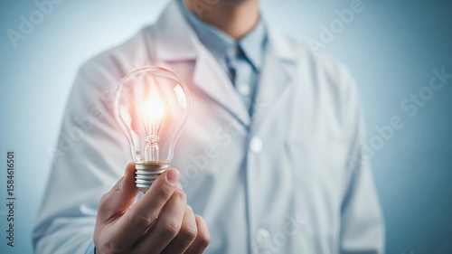 Person in lab coat holding a glowing light bulb