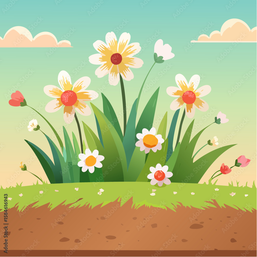 Fototapeta premium Blooming Floral Arrangement with Grass and Soil Base
