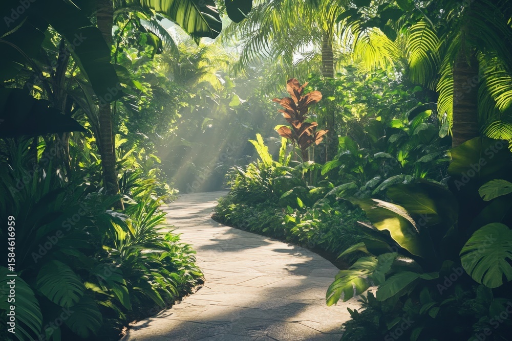 Obraz premium Sunlit path through lush tropical foliage.