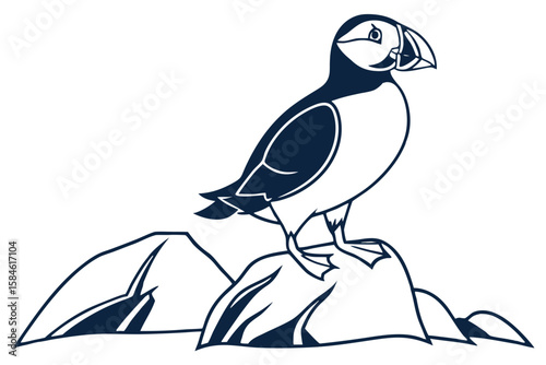 A blue and black illustration of a puffin bird on rocks