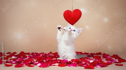 Adorable white kitten sitting with red heart balloon on pink background