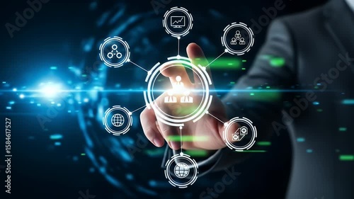 Wallpaper Mural Man in suit touches a digital interface with business icons Torontodigital.ca