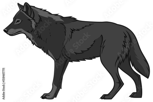 A black wolf walking, depicted in a stylized illustration