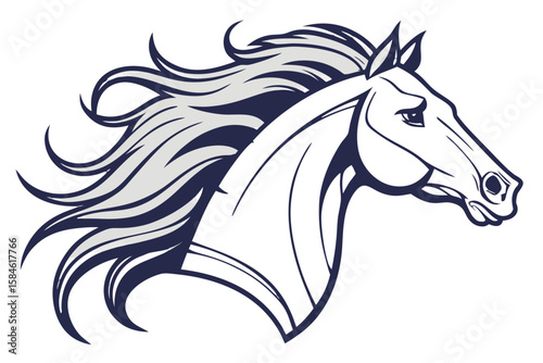 A horse head with a flowing mane in the wind