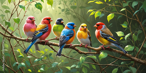 Six Colorful Birds Perched Amidst Lush Green Foliage

