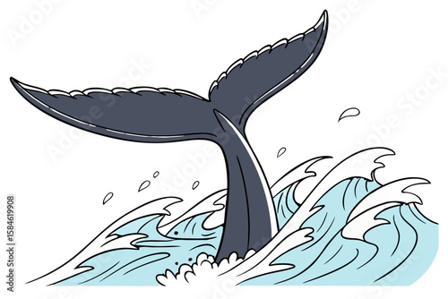 A whales tail emerges from the ocean waves