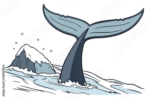 A whales tail surfaces near an iceberg