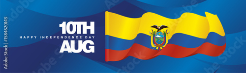 10th of August Ecuador Independence Day banner with wavy Ecuador flag on abstract blue background
