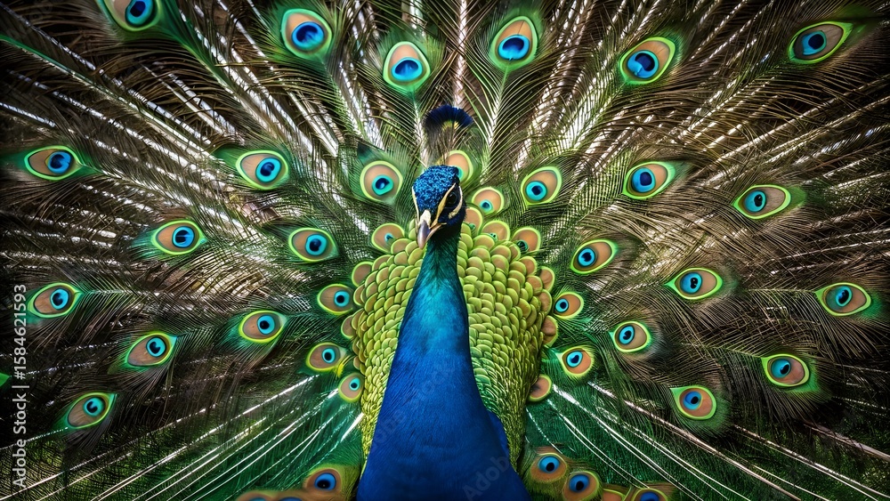 Obraz premium Vibrant Close-Up of a Majestic Peacock Displaying Its Colorful Feathers