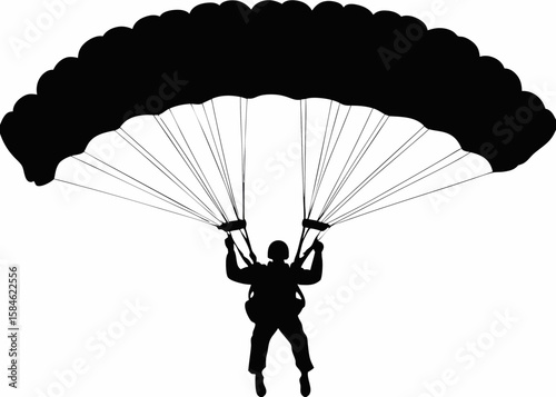 "Silhouette of a Skydiver Gracefully Descending with a Fully Deployed Parachute, Symbolizing the Thrill of Aerial Adventure, the Precision of Controlled Flight, and the Fearless Spirit of Embracing th