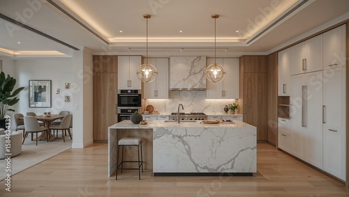 Modern kitchen with light colored cabinets and marble island.