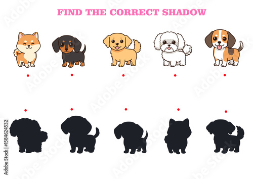 Find correct shadow with adorable cartoon dog breeds and their shadows. Find correct shadow through matching exercise involving dachshund, shiba inu, beagle, maltese, and golden retriever,