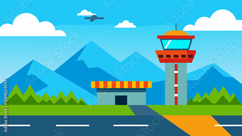 Cartoon Airport Runway with Control Tower and Mountains