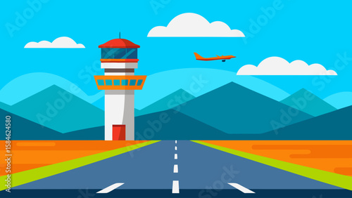 Cartoon Airport Runway with Control Tower and Mountains