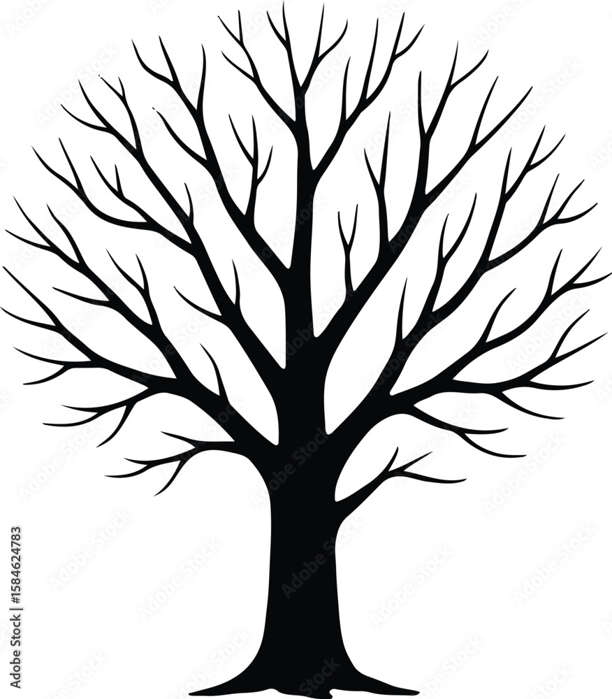 Obraz premium tree silhouette vector,Bare Winter Tree Silhouette with Thick Trunk and Wide-Spreading Branches – Vector EPS