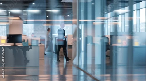 Busy modern office hallway with people in motion