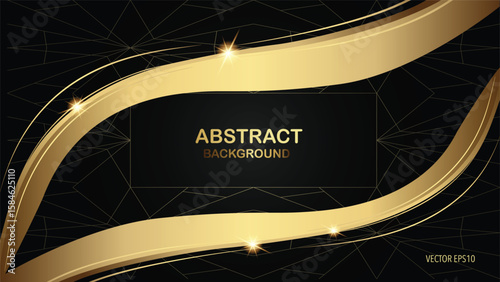 Modern abstract background with flowing gold waves and subtle light effects on a dark black surface.
