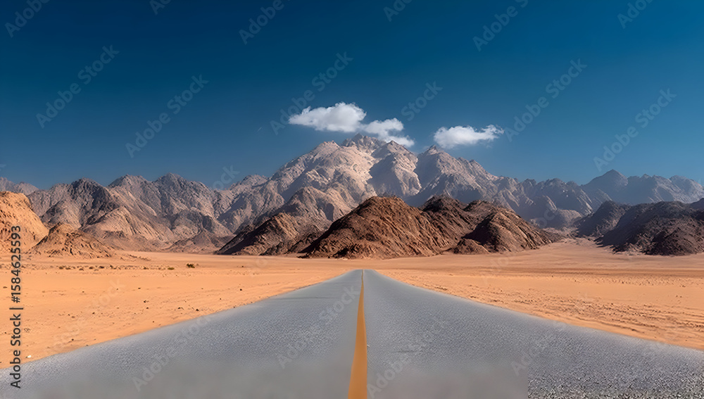 Fototapeta premium A stunning desert landscape features a long empty road leading toward majestic mountains under a clear blue sky with a few fluffy clouds.