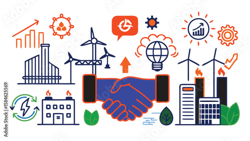 Sustainable business partnership with renewable energy and growth icons


