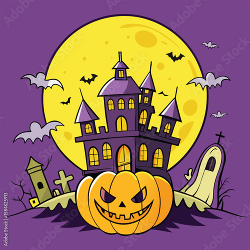 Haunted Halloween Castle on Evil Pumpkin with Full Moon