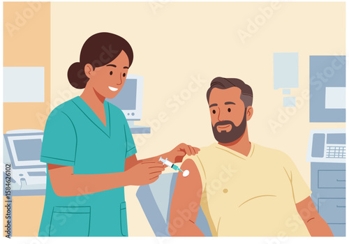 A friendly female nurse in scrubs administers a vaccine injection to a male patient's arm in a medical clinic, illustrating immunization and preventative healthcare.